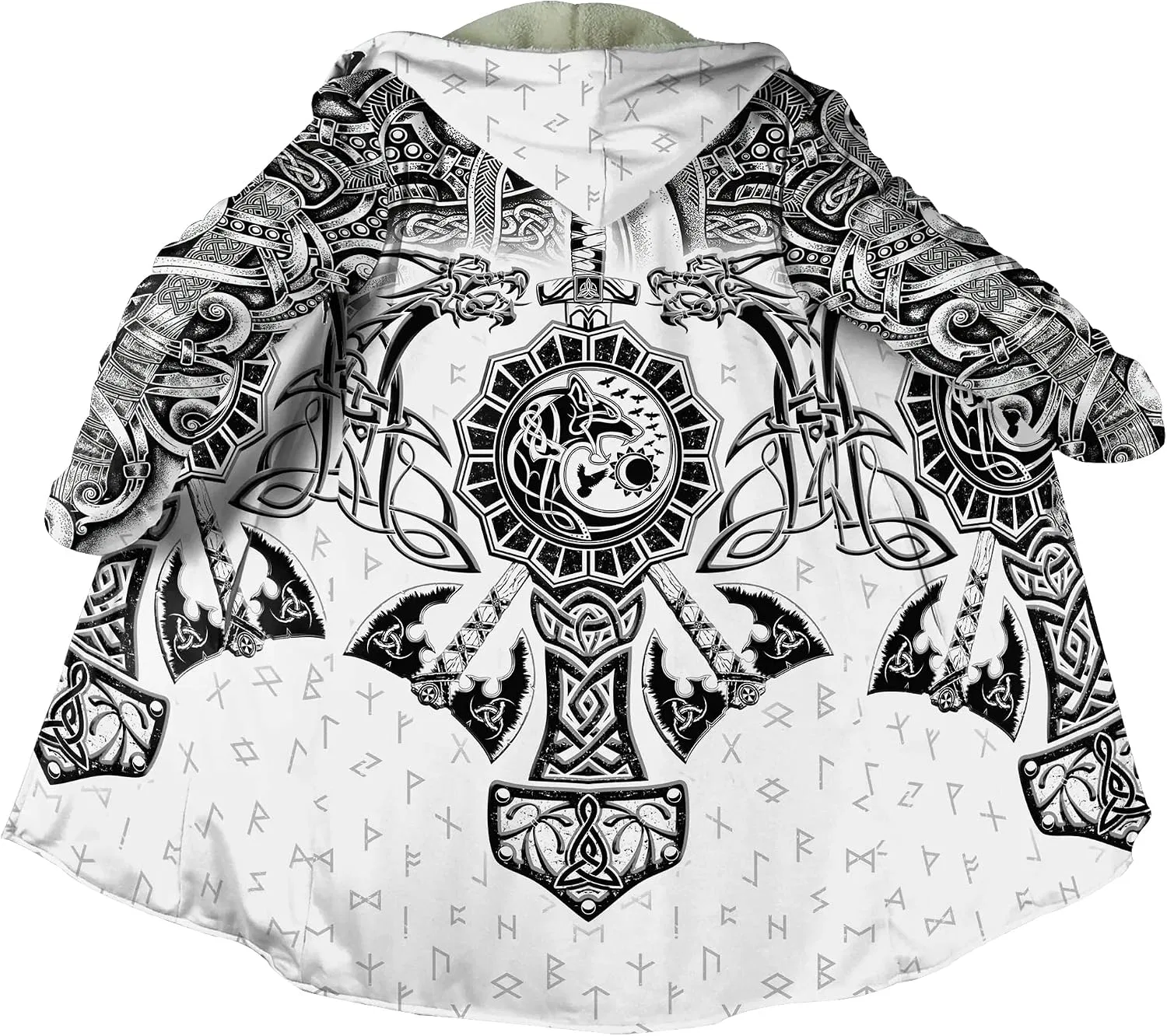 Мужская зимняя куртка с капюшоном, с принтом, Viking Tattoo Faux Cashmere Hooded Coat, 3D Full Print Norse Mythology Tattoo, Winter Warm Jacket, Mid-Length Parka Cloak, Mjolnir White