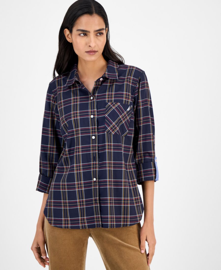 

Женская хлопковая рубашка Providence в клетку с закатанными рукавами Nautica Jeans, Night Sky Multi