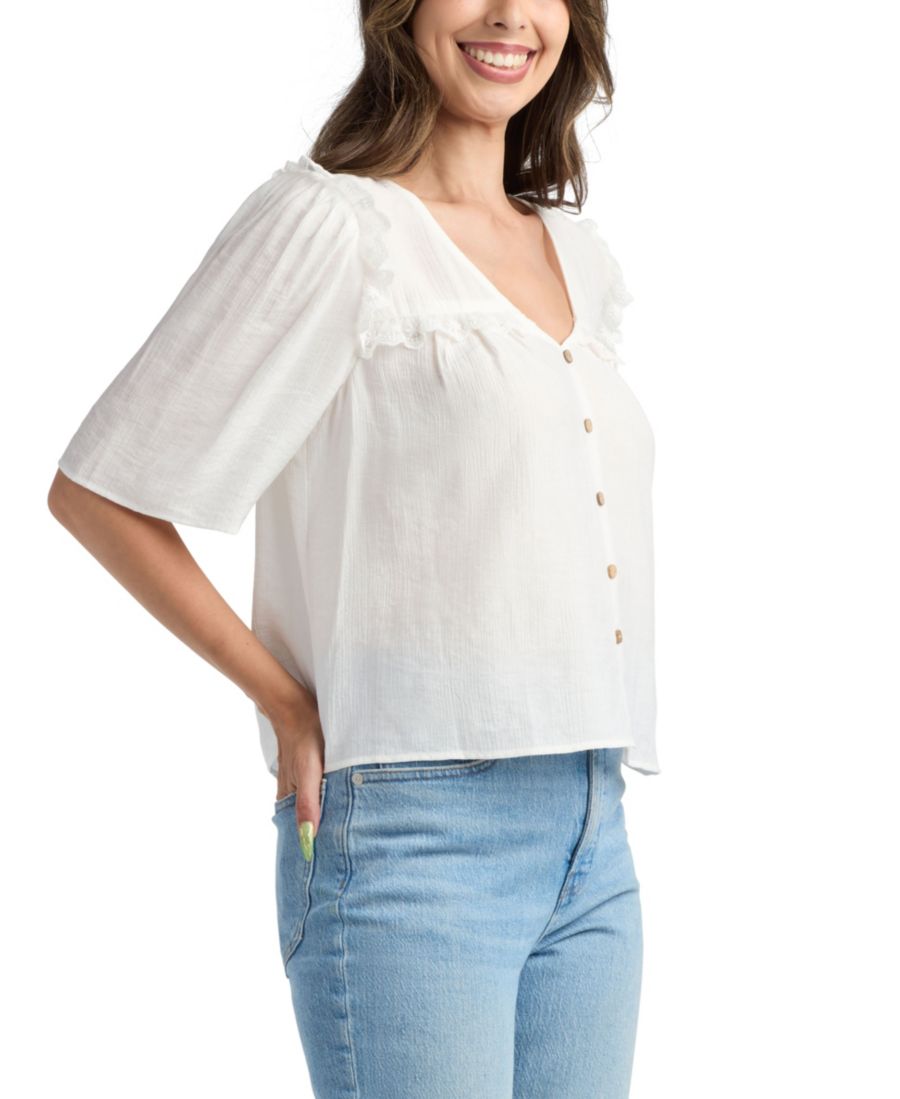 Однотонная жатая футболка с V-образным вырезом для подростков BCX, Off White — фото 2