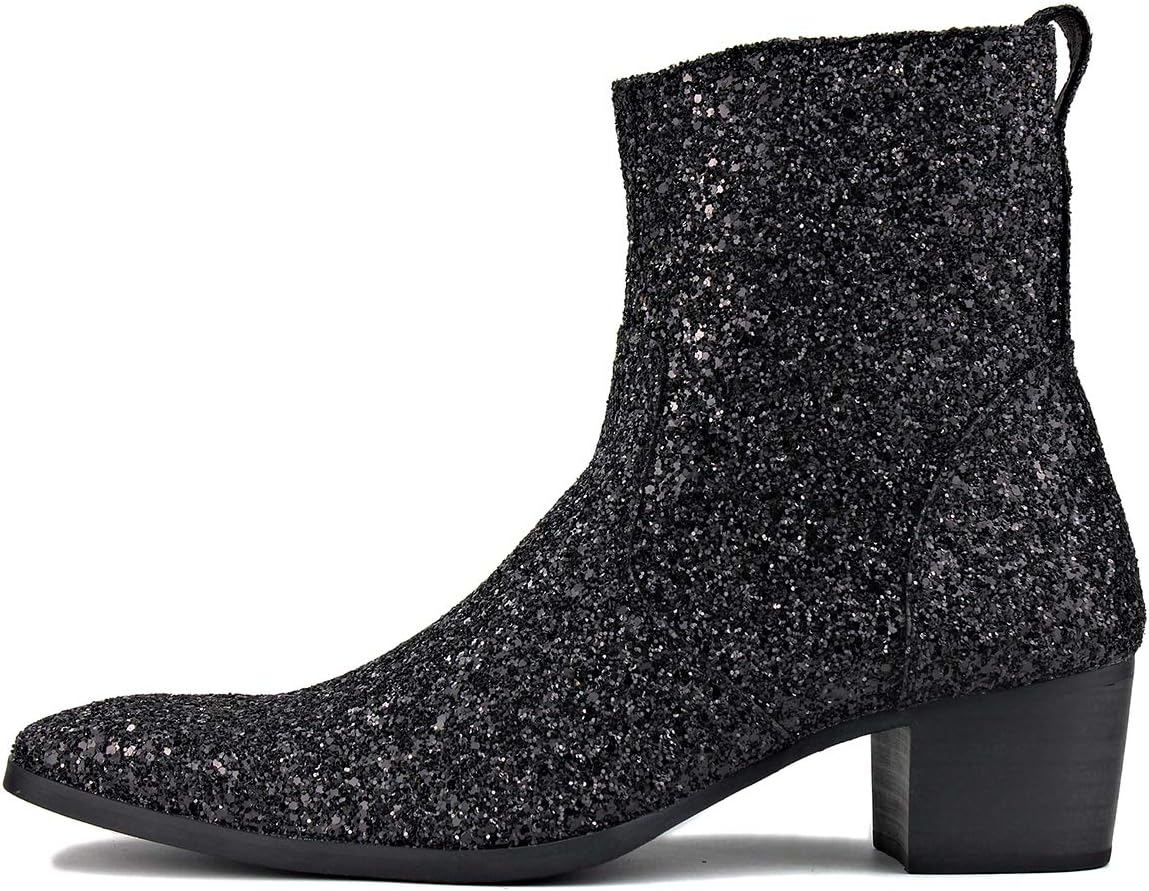 Мужские кожаные ботинки OSSTONE Dress Boot с блестками, дизайнерские чукка, повседневные туфли на каблуке с молнией, черный — фото 2