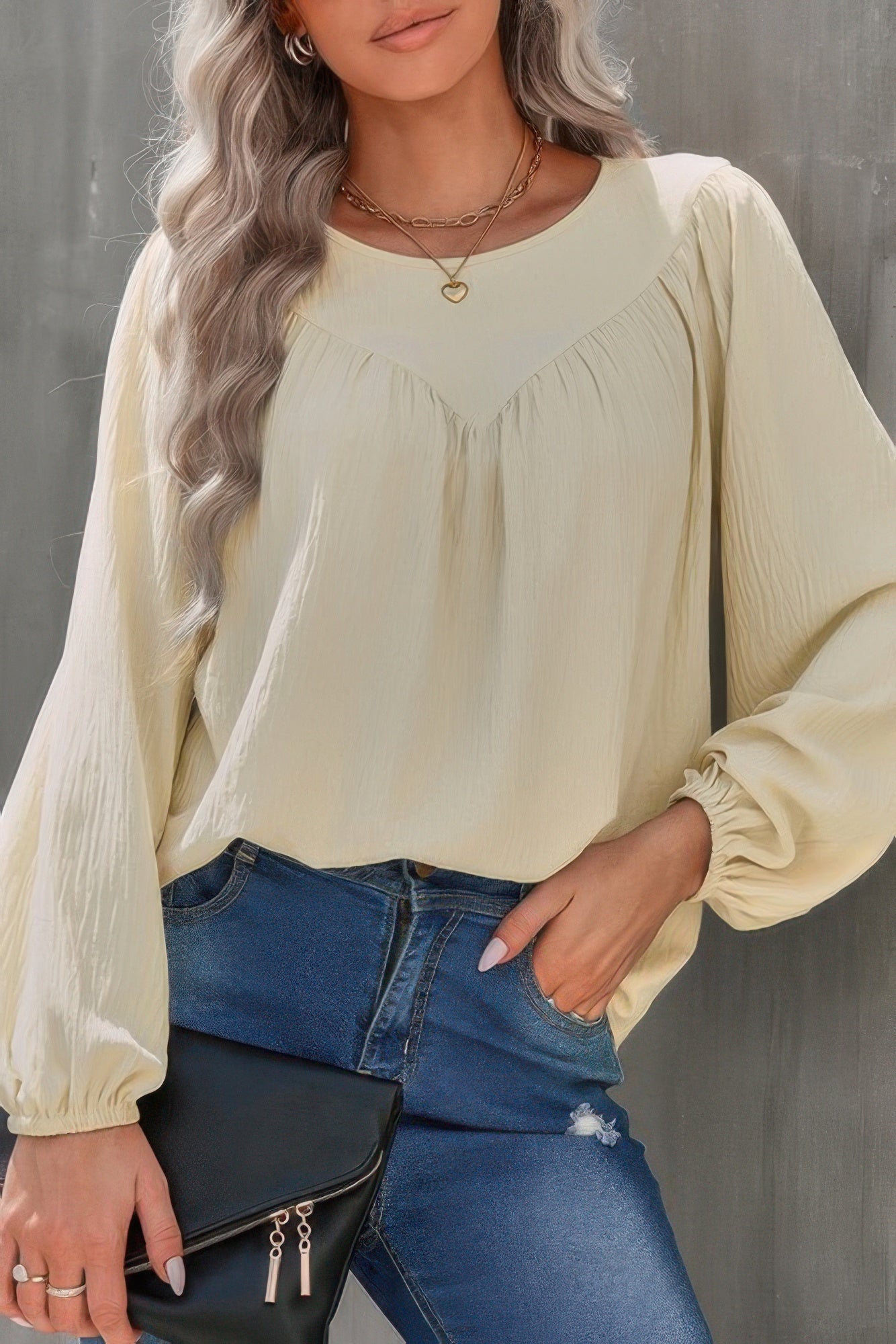 

Рубашка с круглым вырезом и цельными длинными рукавами-фонариками TRUEDAMES, бежевый