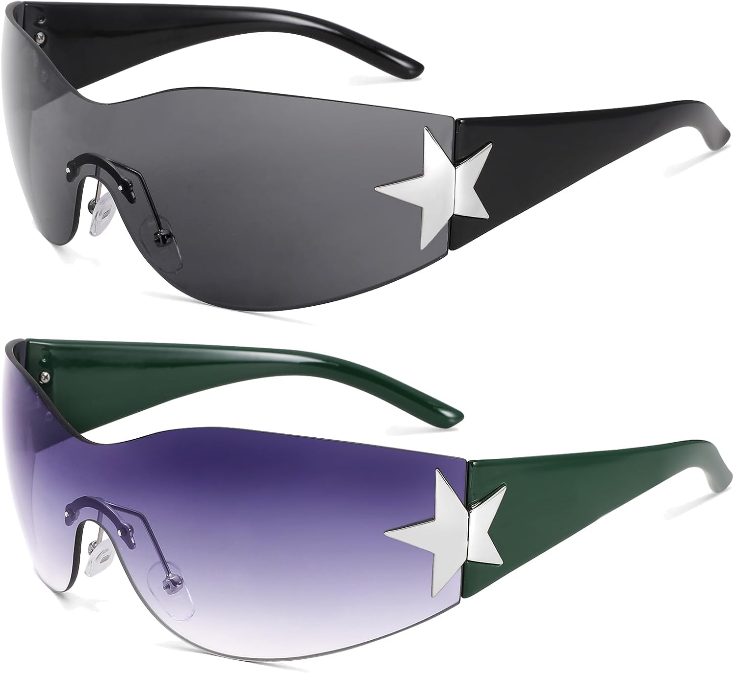 

Солнцезащитные очки COASION без оправы в стиле Y2K с обтекаемой формой и звездным рисунком, для женщин и мужчин, в стиле 2000-х, с козырьком-щитком, большие, модные, без оправы, C7* Black + Gradient Grey - 2 Pack