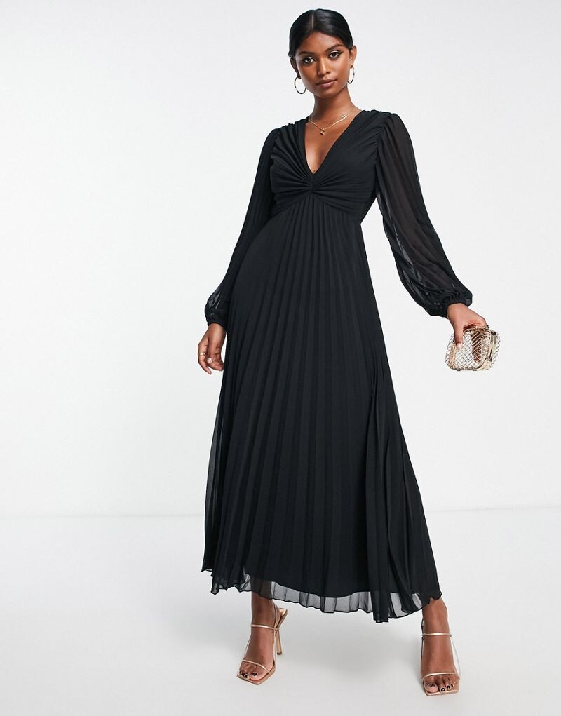 

Черное платье миди с глубоким вырезом и плиссированным лифом ASOS DESIGN