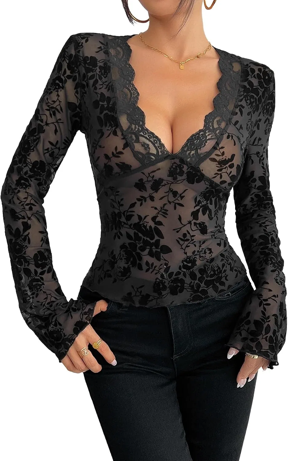 Блуза с V-образным вырезом, кружевная Bell Sleeve Mesh Patchwork, черный