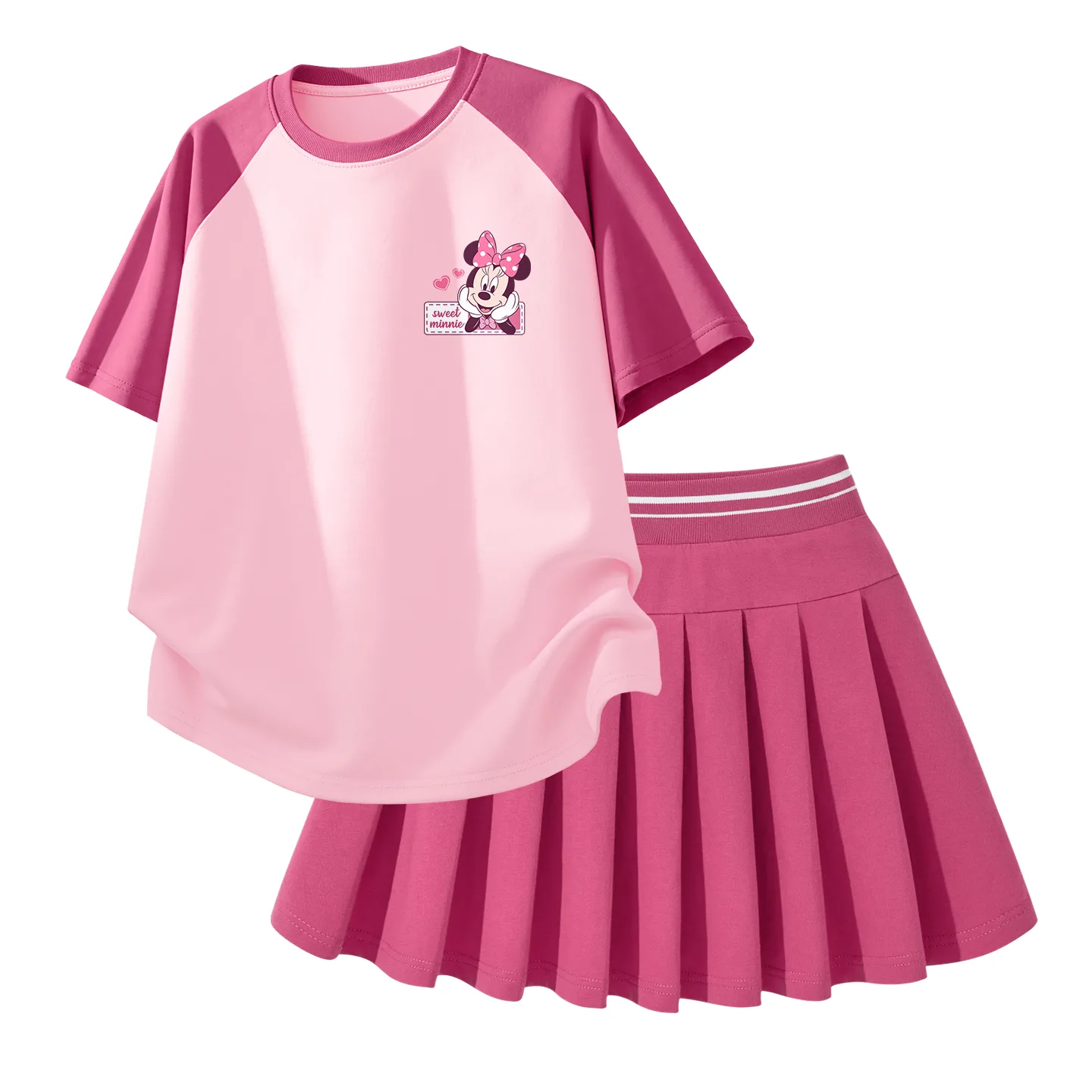 Детский комплект из юбки и тонкой короткой футболки с круглым вырезом Disney, Daisy Berry Pink+Solid Color Rose Red