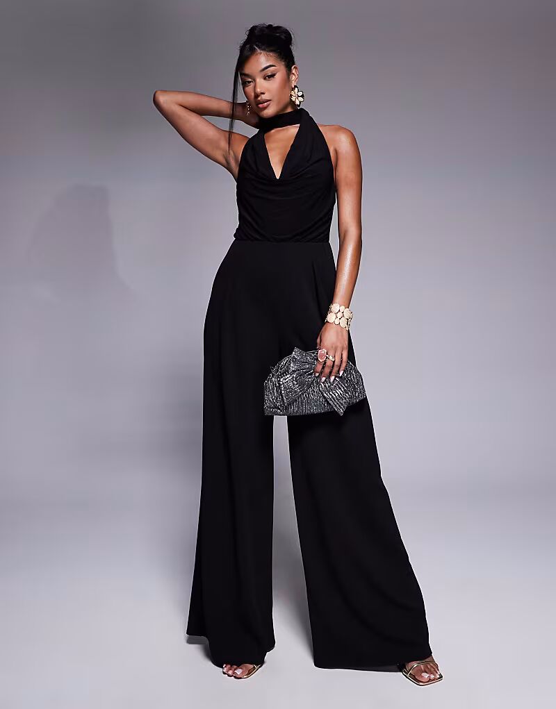 

Комбинезон ASOS DESIGN с широкими штанинами и завязкой на шее, черный