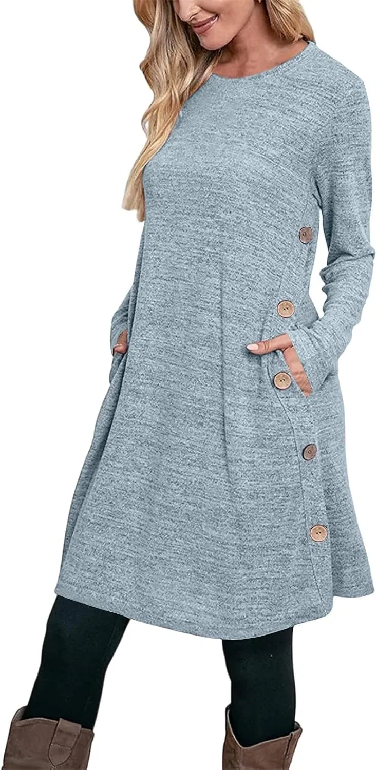Женское платье-туника с карманами Casual Crew Neck, Light Blue