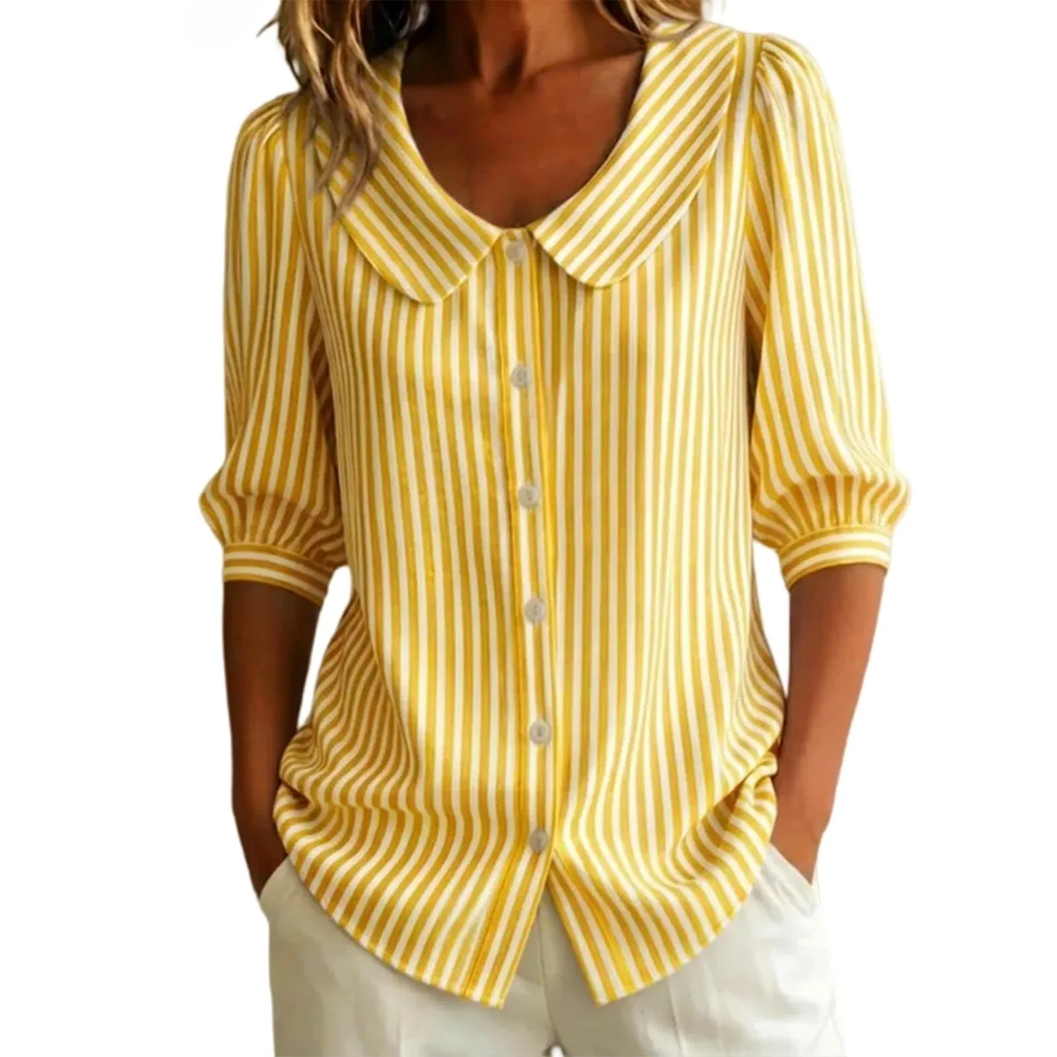 Женская блуза с коротким рукавом, Striped - Yellow