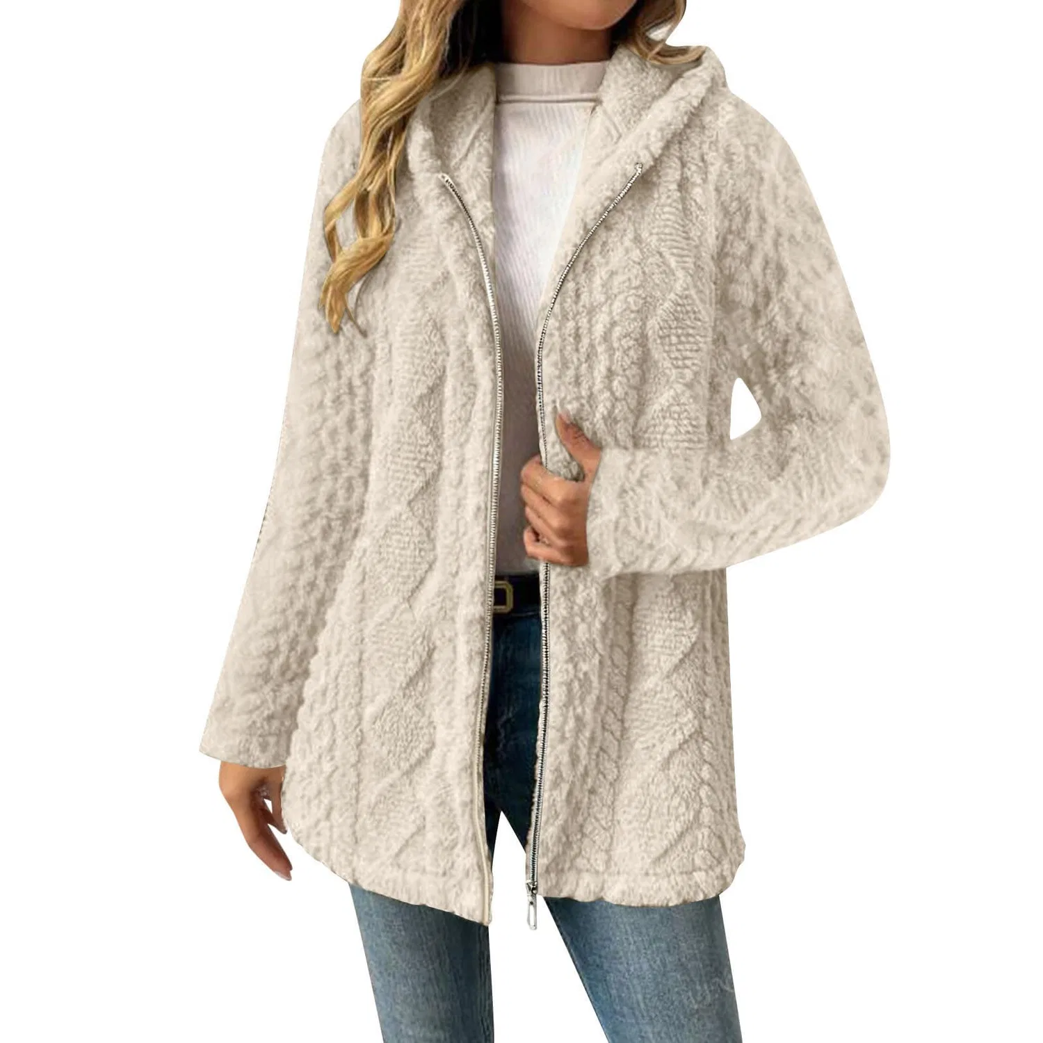 Женское пальто с капюшоном из флиса с длинным рукавом, Beige