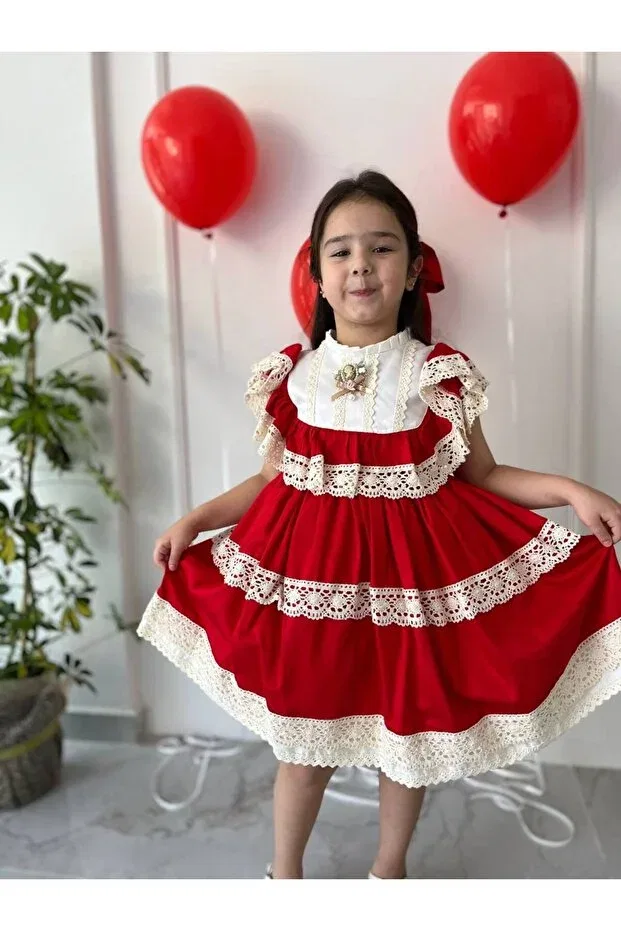 Детское платье для девочек хлопковое Party Sare Çocuk Giyim, Red