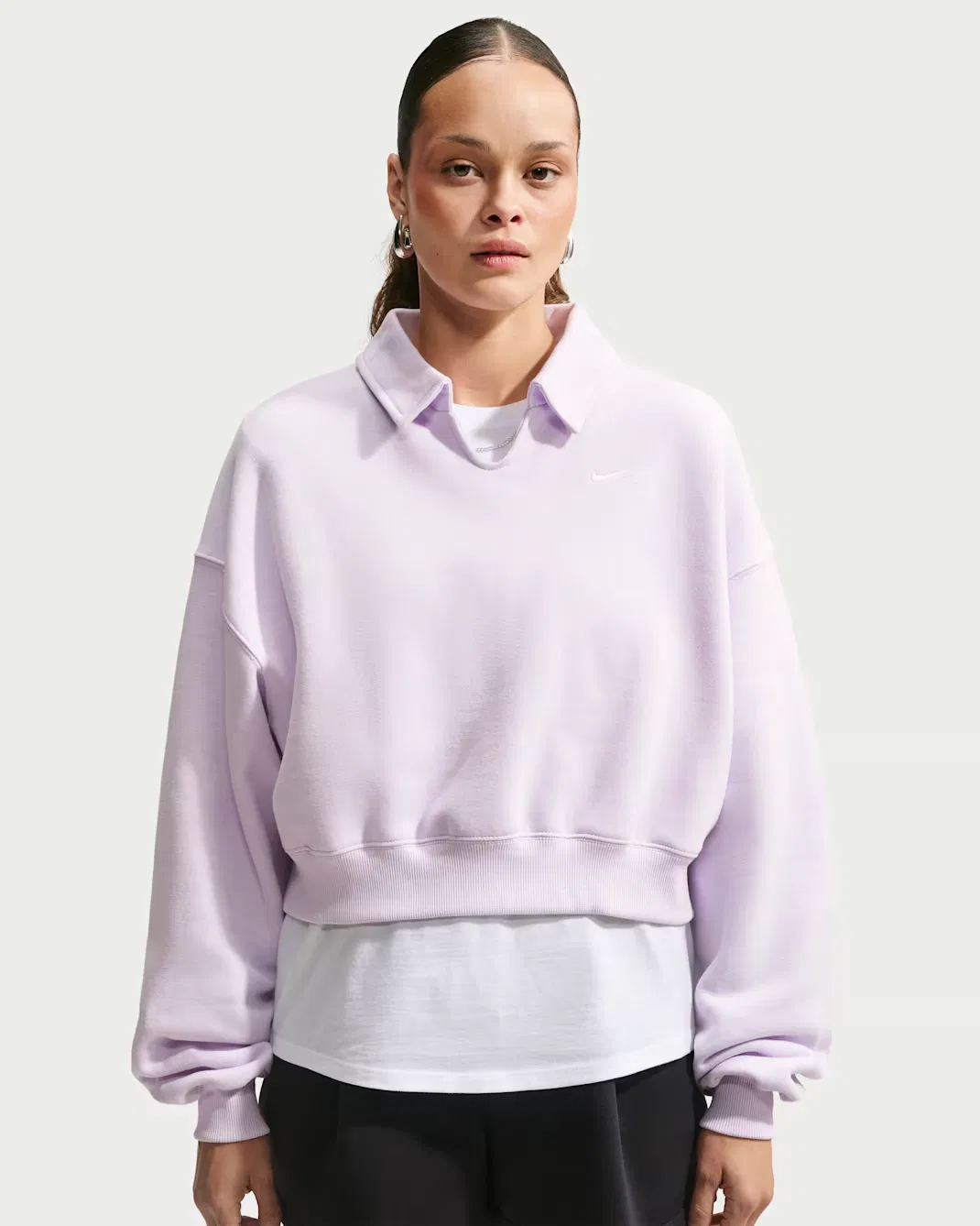 Женская укороченная рубашка-поло свободного кроя Nike Studio Fleece Medium Weight, Bleached Lilac/Sail — фото 3