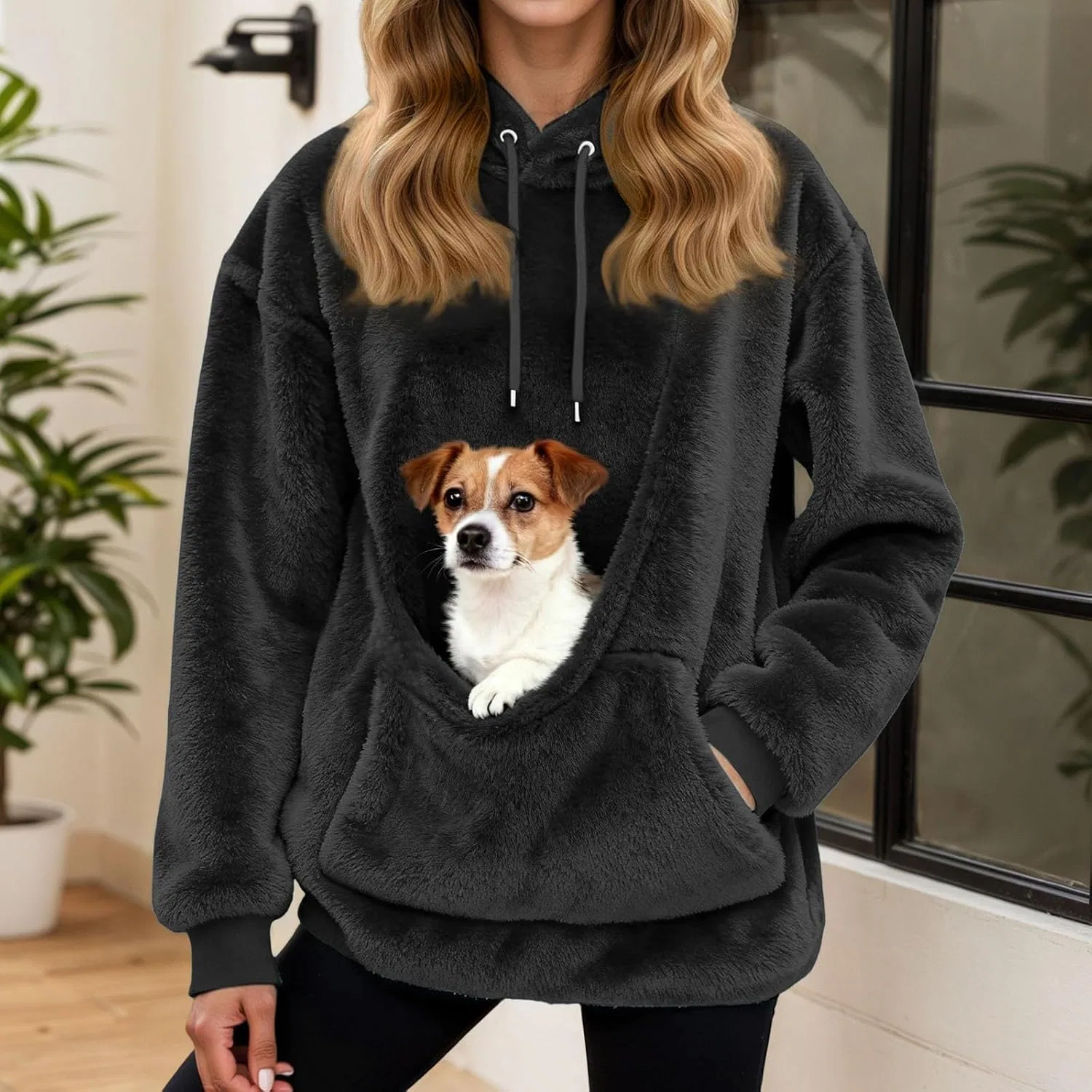 Женское худи с карманом для питомца, модель With Dog Pouch, чёрный — фото 3