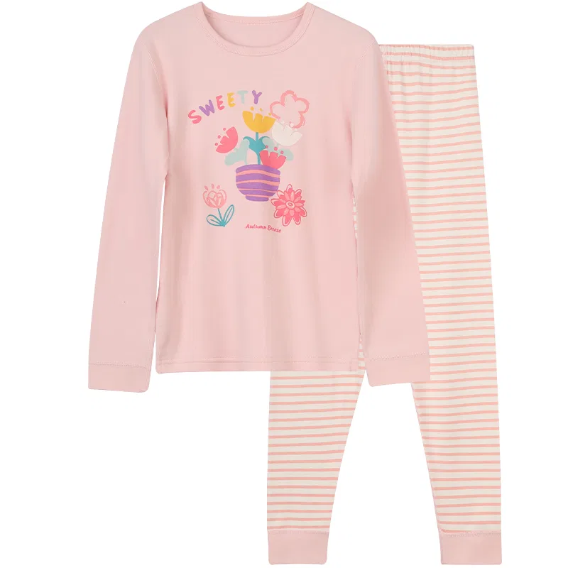 Детский комплект нижнего белья с принтом Letter Floral Long Sleeve Striped Trousers Red bean, 盈盈