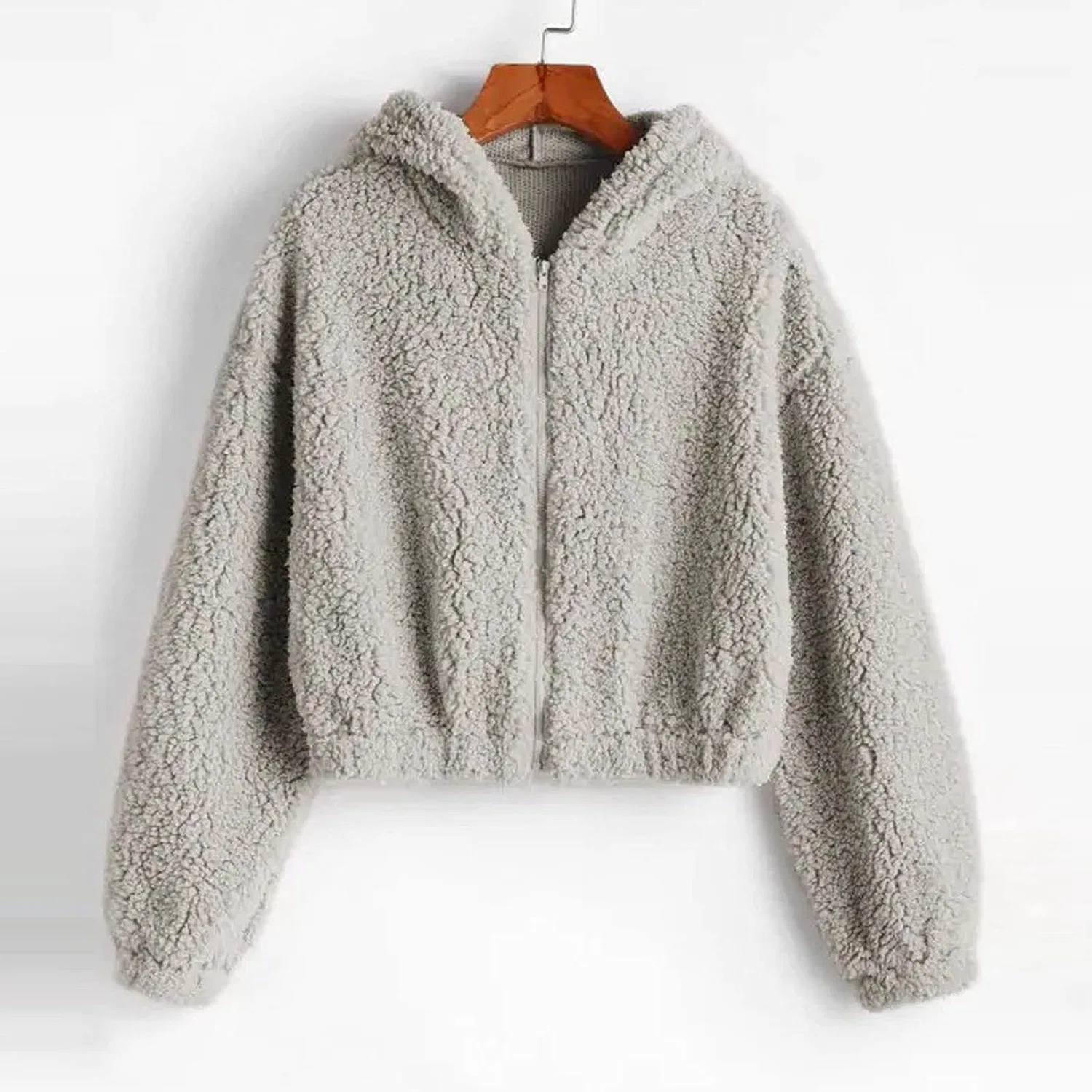 Женская куртка на молнии с капюшоном из флиса, Grey — фото 2