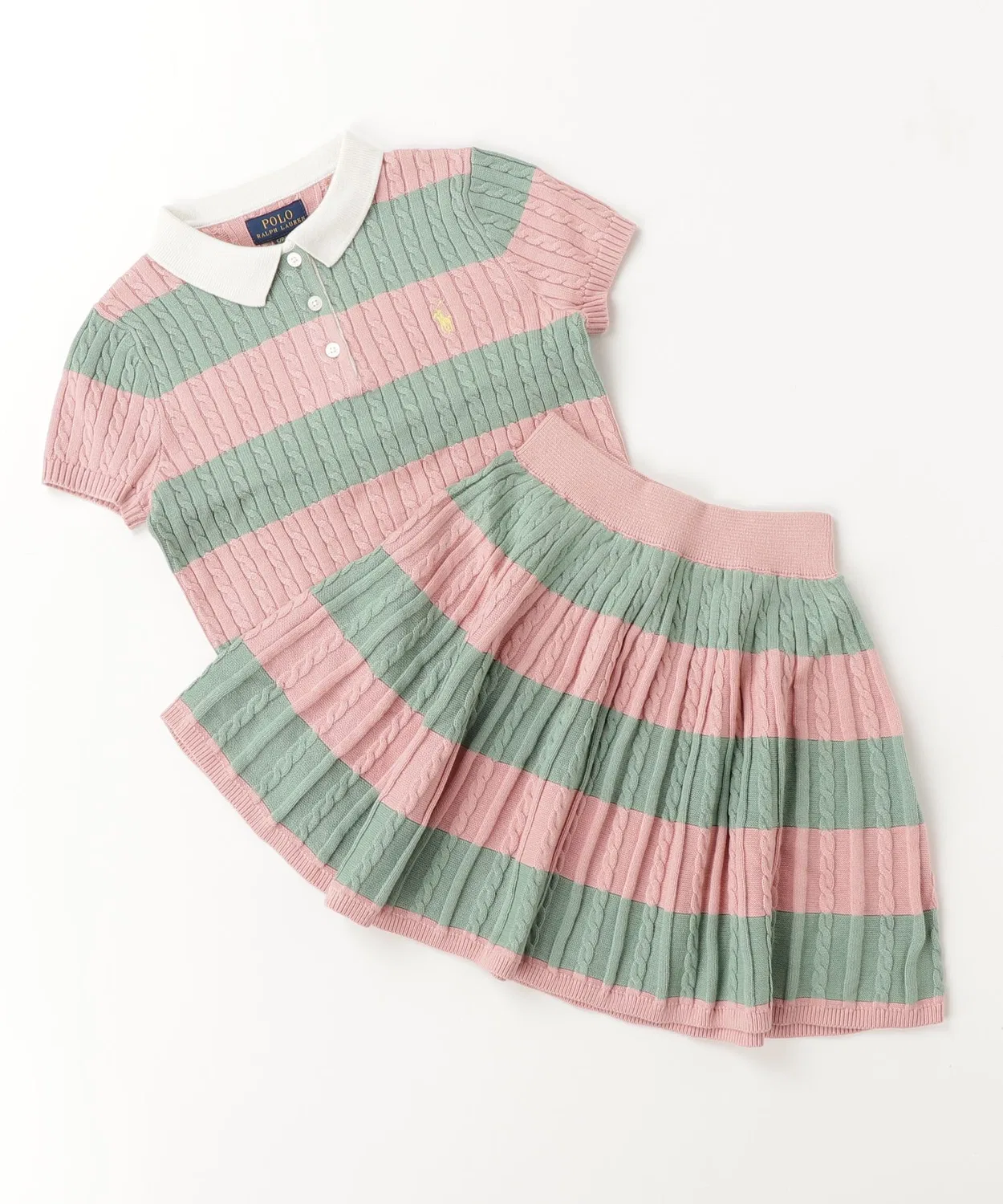 POLO RALPH LAUREN CHILDRENSWEAR Детский комплект из свитера и юбки с полоской и косами Polo Ralph Lauren, Pink — фото 3
