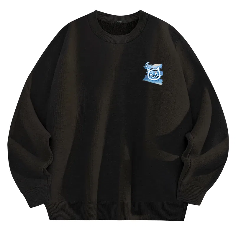 Детский свитер утепленный с принтом MINISO, Черный B Graffiti Blue Bear Chest Logo
