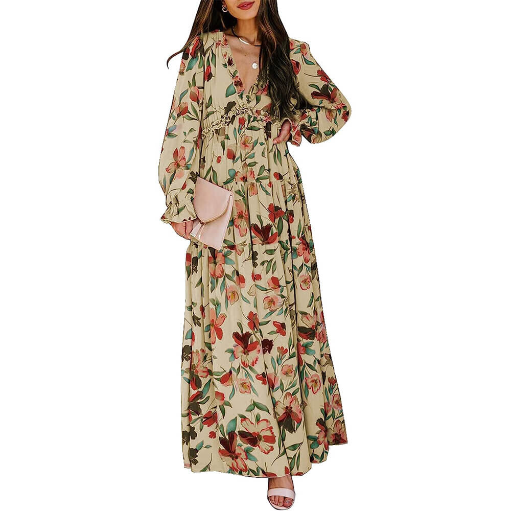

Платье Blencot Casual Floral Deep V Neck Long Sleeve, абрикосовый
