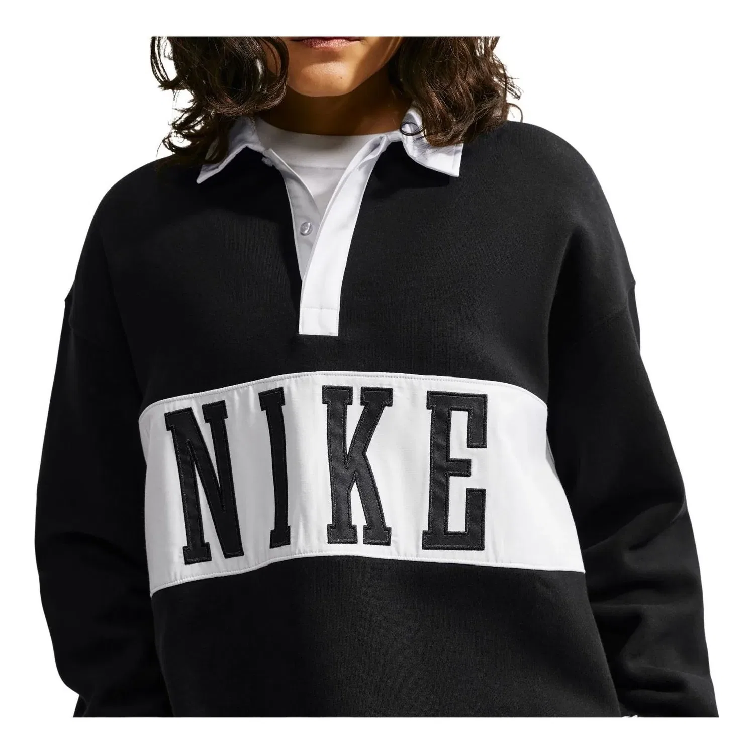 Женская футболка Studio Fleece Medium Weight Oversized Rugby Sweatshirt 'Total Black Sail' Nike, Total Black/Sail