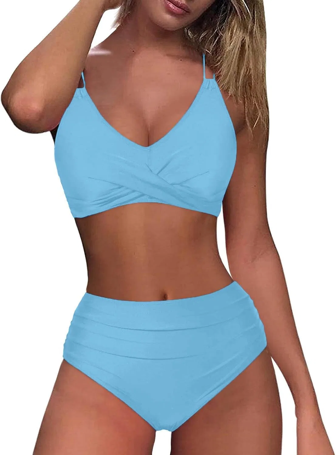 Женский высокий бикини-сет с утяжкой живота Solid Color, Dark Blue
