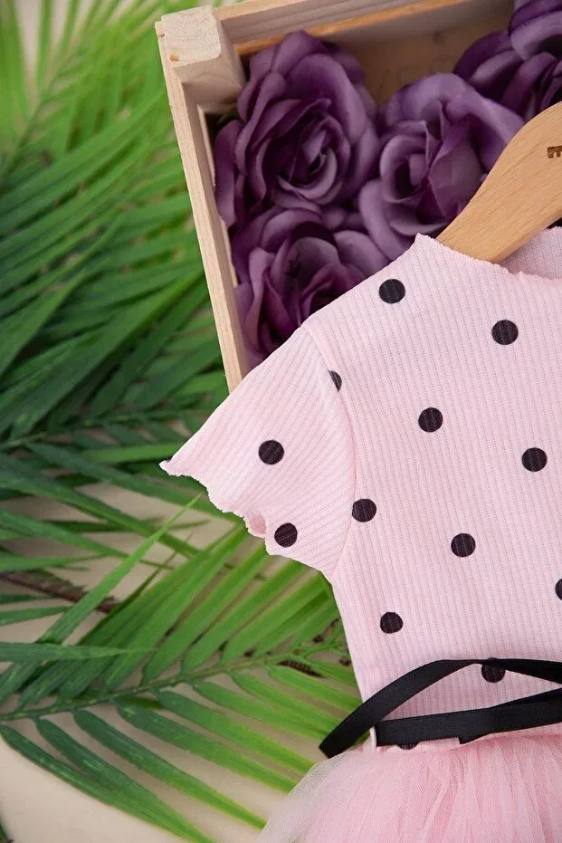 Детское платье для девочек с принтом Daphne ticaret girl polka dot tulle half sleeve dress Bam Bam Giyim, Pink — фото 4