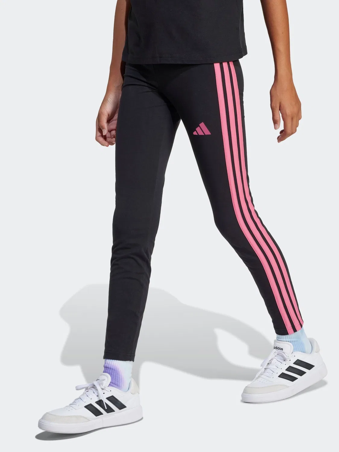 Леггинсы детские с 3-полосками adidas, черно-розовые