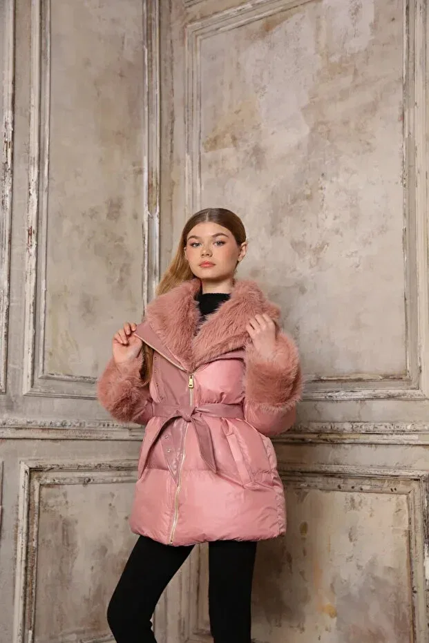 Детское пальто-пуховик для девочек с меховым воротником By Feyza Kids Collection, Pink