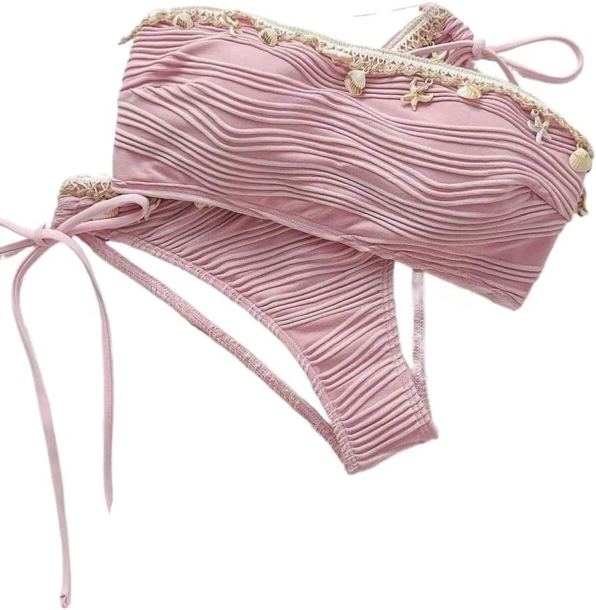 Женский бикини-сет с высокой талией, кружевной завязкой, Pink — фото 3