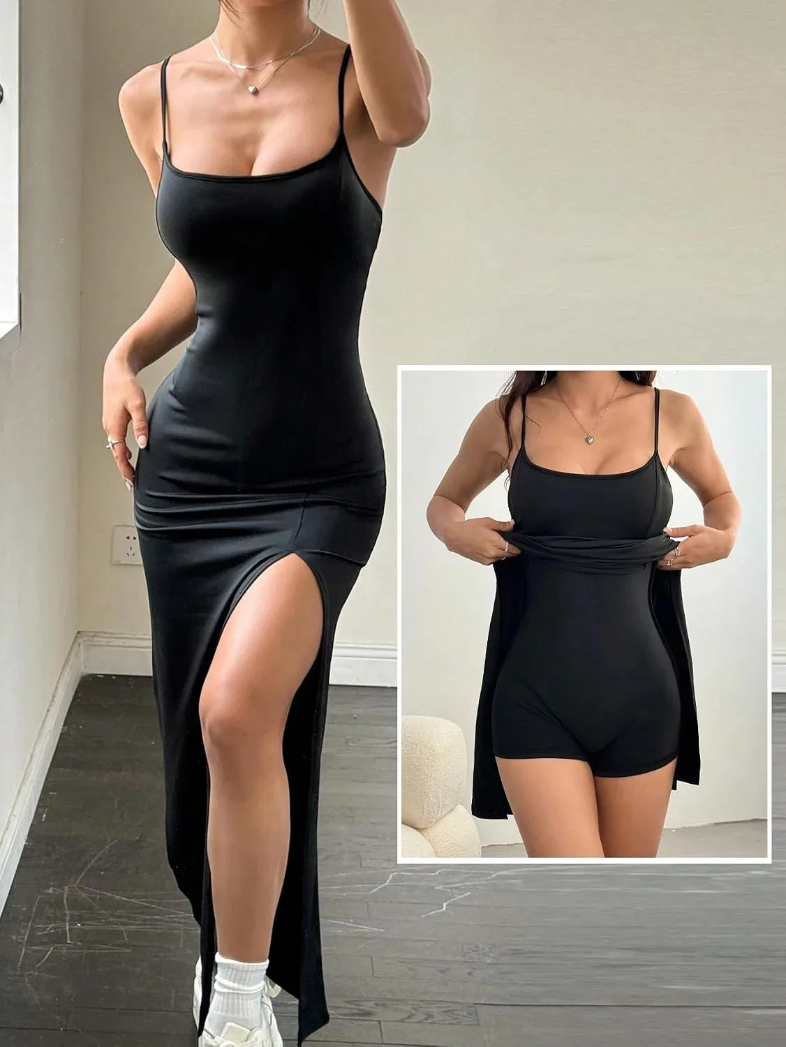 Женское длинное облегающее платье на тонких бретелях Cami, Black — фото 4