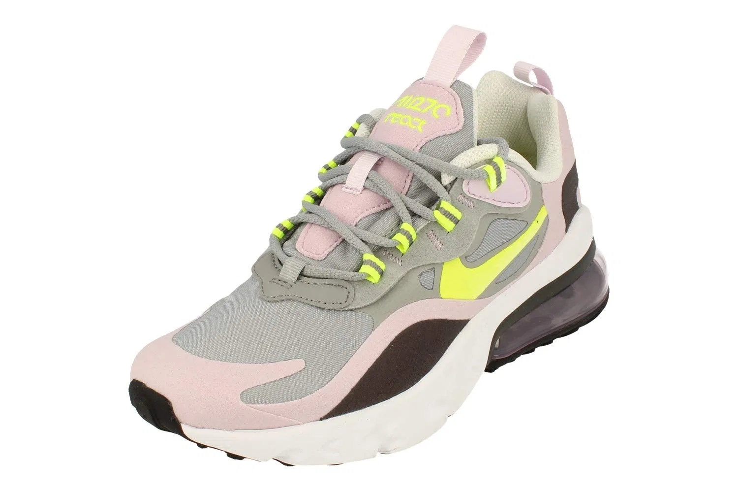 Детские кроссовки для мальчиков с амортизацией Air Max 270 React (GS) NIKE, Multicoloured Particle Grey Lemon Venom Iced Lilac Off Noir