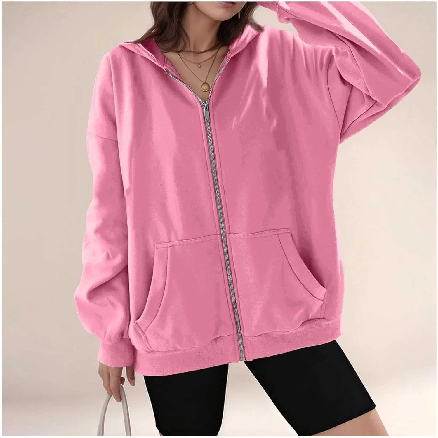 Женский свитшот с длинным рукавом и молнией, 1a-pink — фото 2