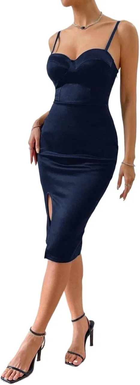 Женское миди-платье на тонких бретелях, Navy Blue