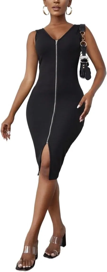 Женское облегающее миди-платье с молнией Bodycon, Black