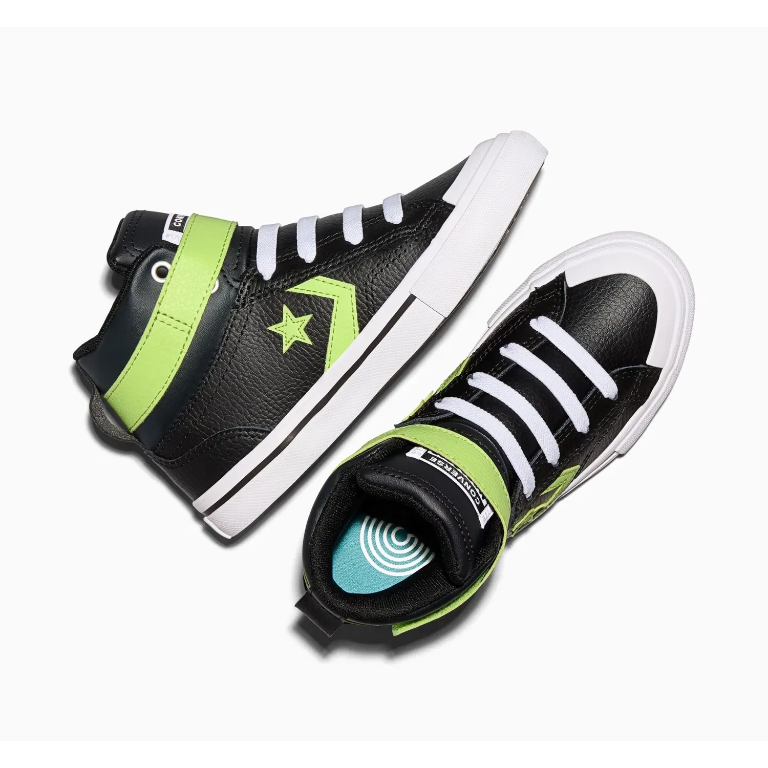 Детские кожаные кроссовки с быстрой шнуровкой Converse, Black/Neon Mantis/White — фото 3