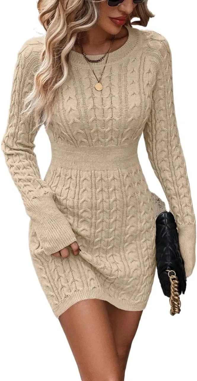 Женское короткое вязаное платье с круглым вырезом Casual, Apricot
