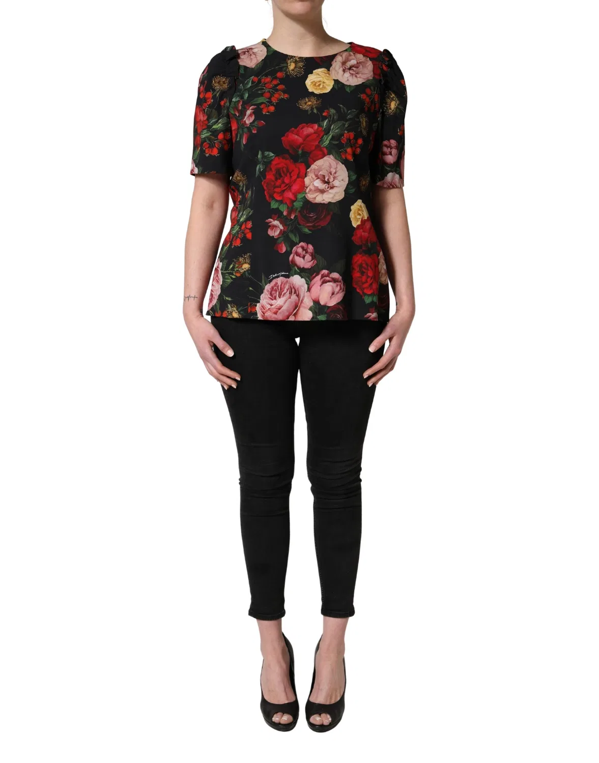 Женская блузка с коротким рукавом с цветочным принтом Black Floral Crepe Frill Detail Dolce & Gabbana, Black — фото 4
