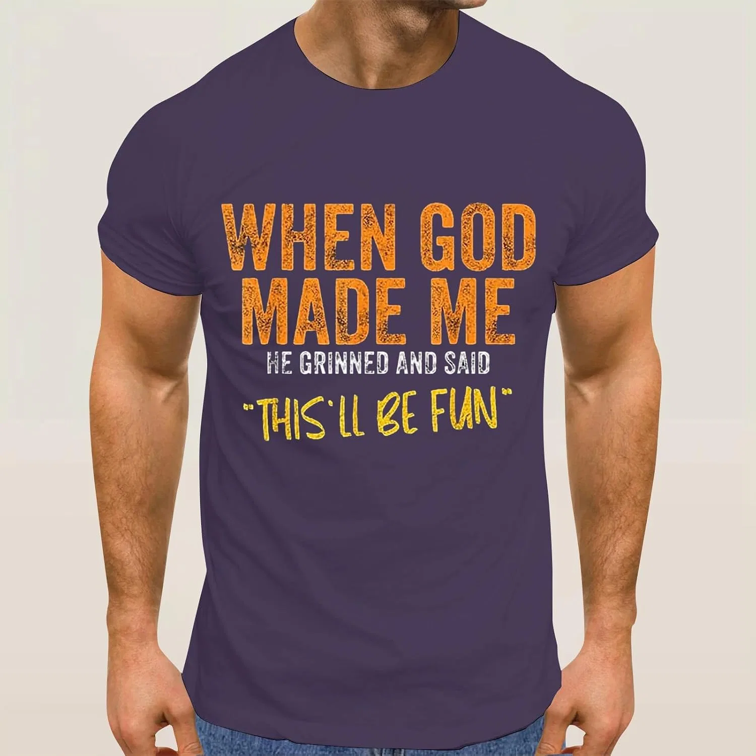 Мужская футболка с религиозным принтом When God Made Me He Said This'll Be Fun, Purple — фото 2