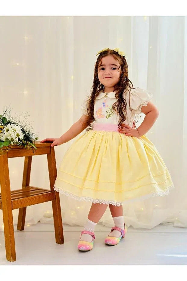 Детское платье для девочек с кружевом Vintage baby girl dress with yellow embroidery, birthday, photo shoot dress Linarookids, Sarı