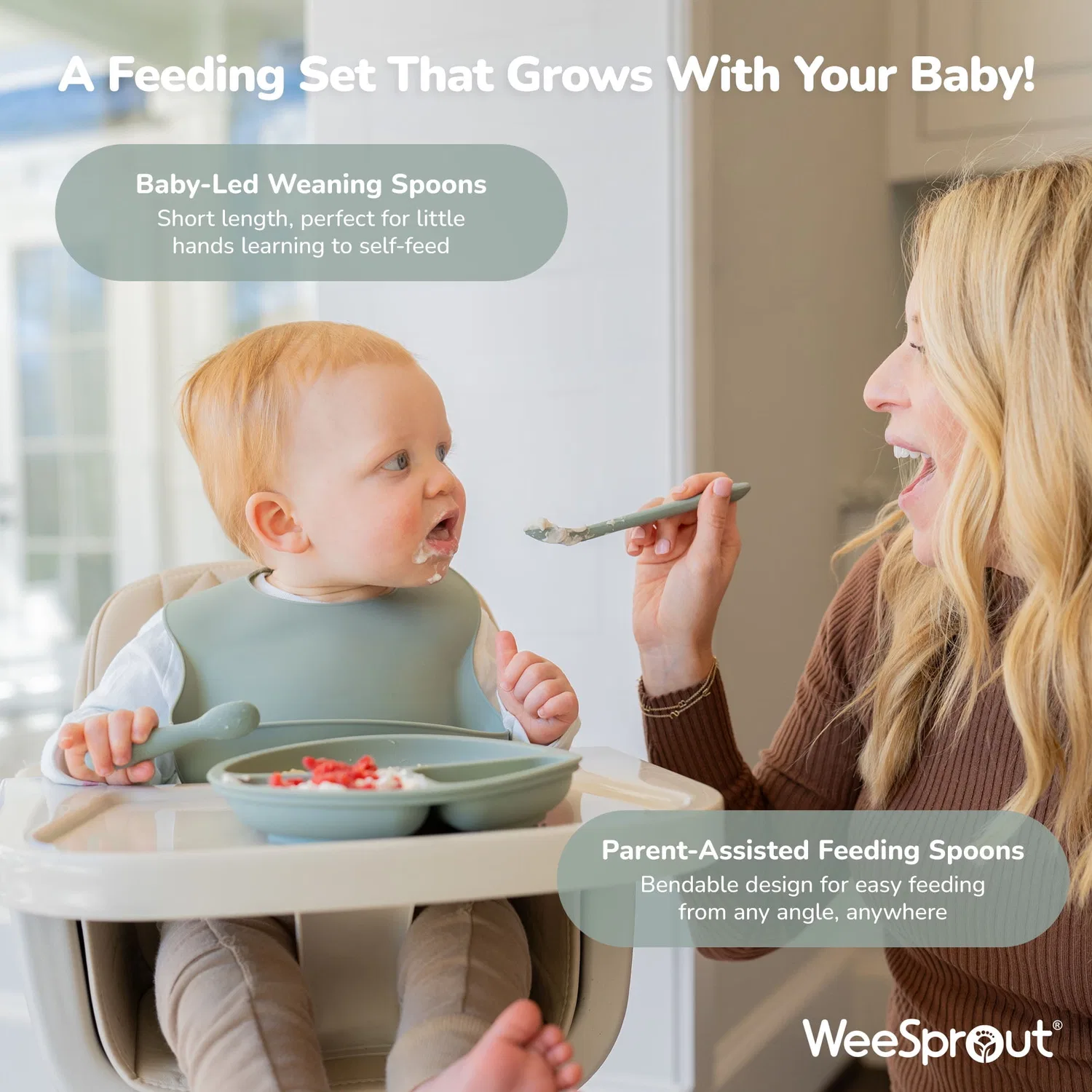 Набор для прикорма Baby Led Weaning, 8 предметов, силикон, WeeSprout, green — фото 4