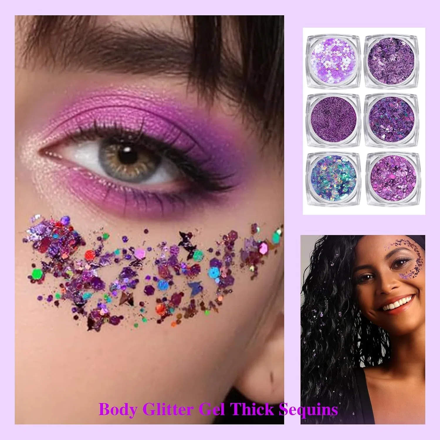 Набор Body Glitter Gel, 6 цветов + кисти, MisFun, 50 г, Purple — фото 4