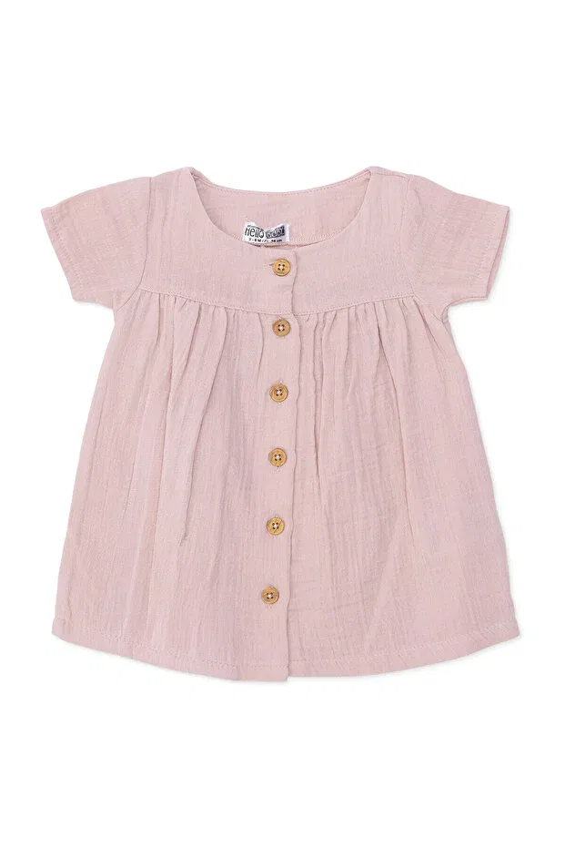 Детское платье для девочек хлопковое Hellobaby baby girl dress buttoned crew neck short sleeve Ebebek Hello Baby, Powder