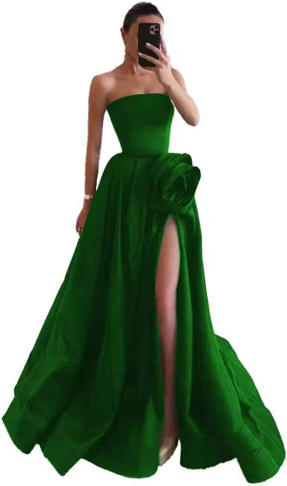 Женское атласное платье A-силуэта без бретелек с разрезом, Emerald Green