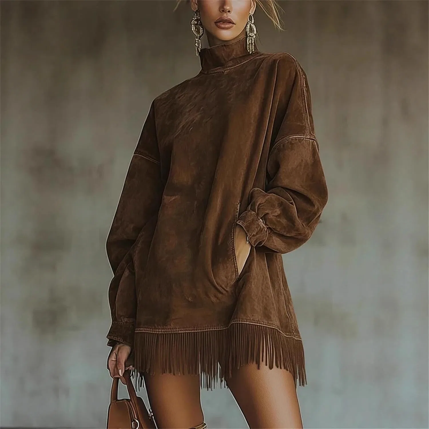 Женское платье с бахромой из замши с высоким воротом Generic, Coffee Brown — фото 4