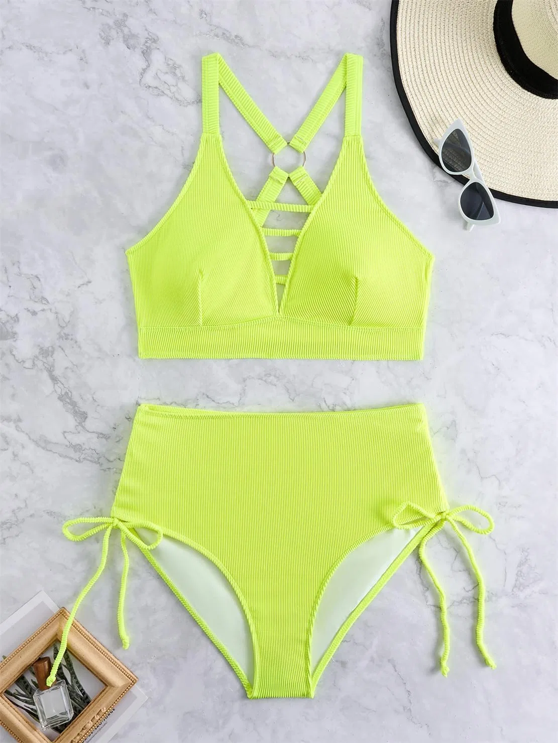 Женский бикини-сет с высокой талией, ribbed fabric, Light Green — фото 2