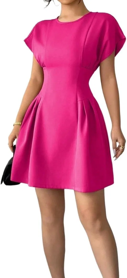 Женское A-силуэта мини-платье с коротким рукавом, Hot Pink