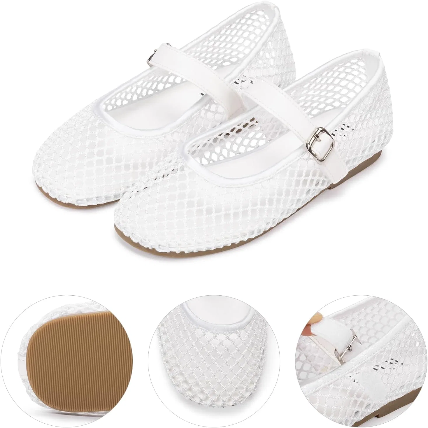 Детские балетки для девочек с пряжкой Frank Mully, White/Mesh — фото 2