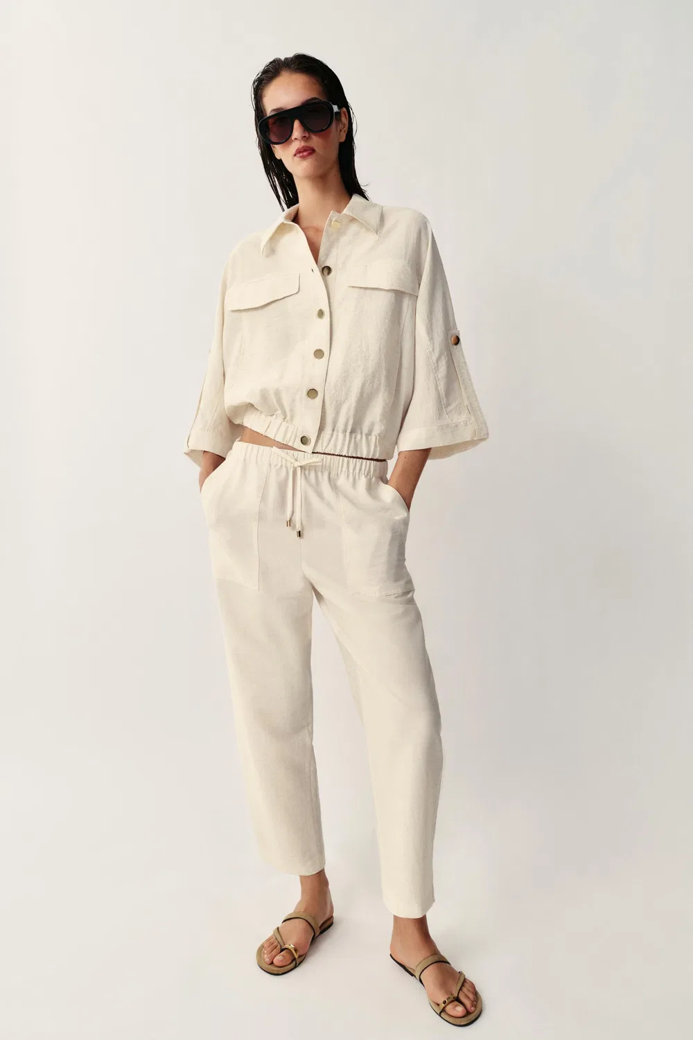 Брюки с эластичным поясом ZARA, Light beige