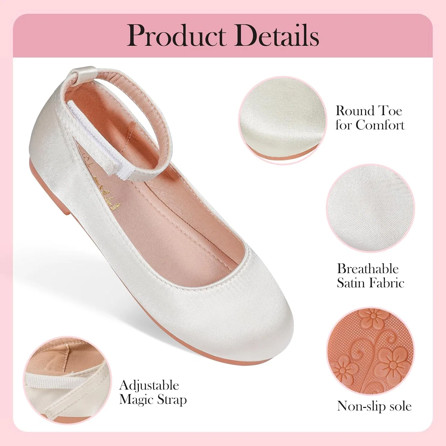 Детские балетки для девочек с цветочным принтом Mary Jane Flats Orthoshoes, Satin Ivory — фото 4