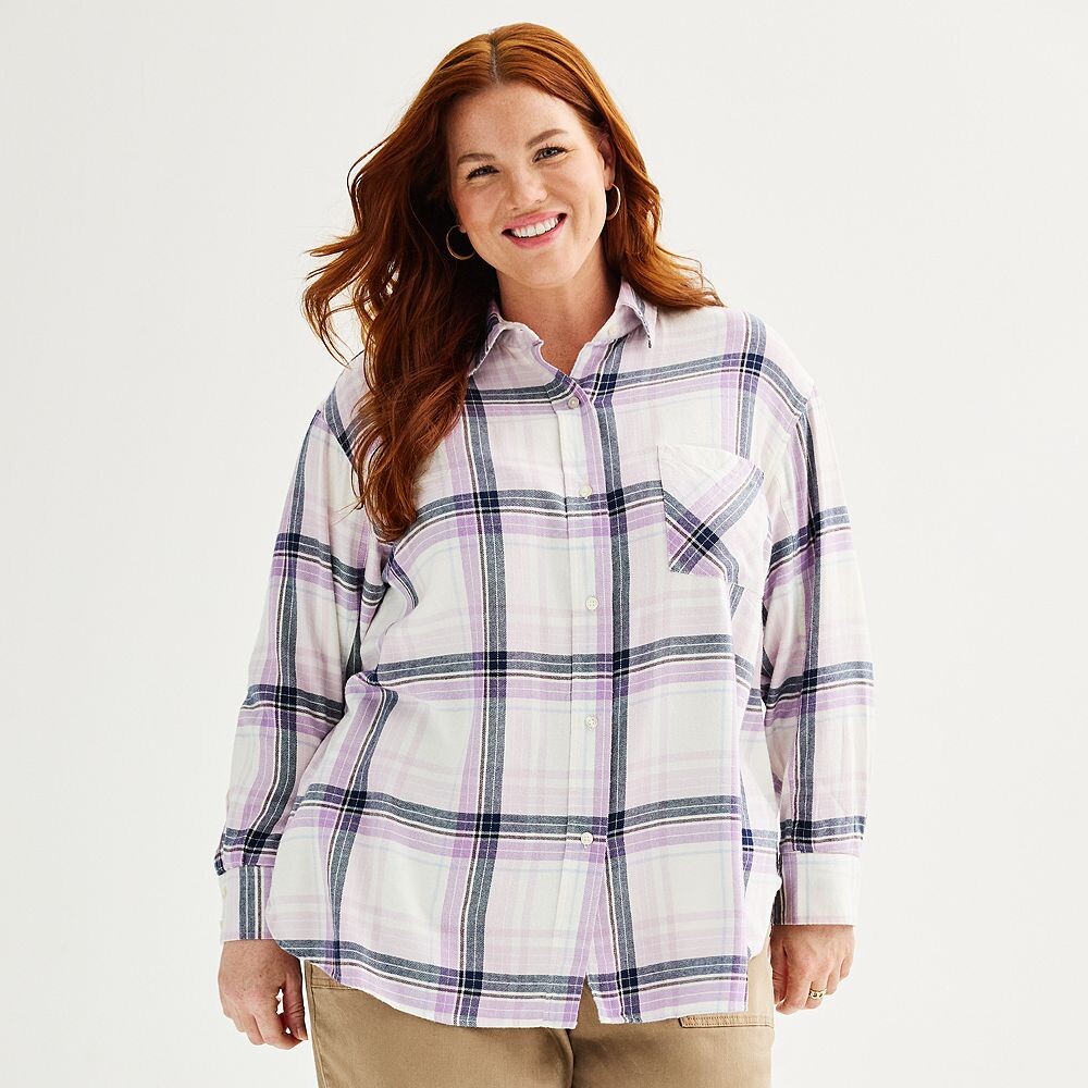 

Большие размеры Sonoma Goods For Life Фланелевая рубашка оверсайз-бойфренда, цвет Lilac Blue Plaid