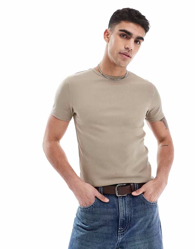 

Футболка ASOS DESIGN Essential Muscle Fit Rib в каменном цвете