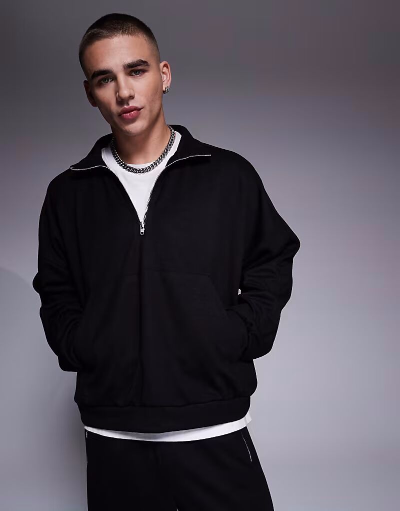 

Толстовка свободного кроя с капюшоном ASOS DESIGN, свободная, с заниженной линией плеч, воротником-стойкой на молнии, черного цвета
